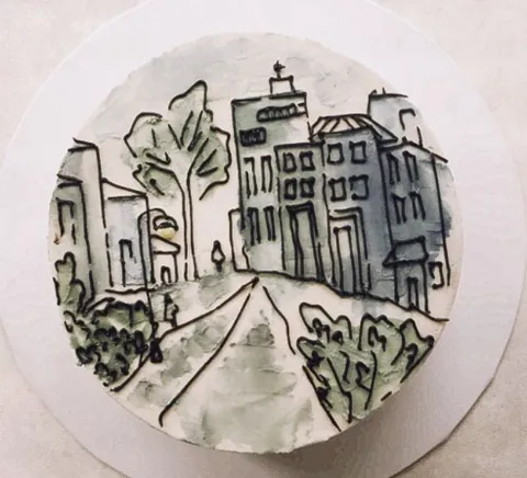 Watercolour sketch, a Fig & Owl cake